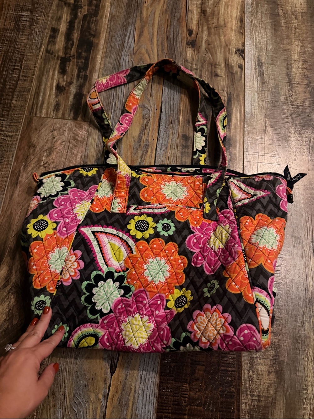 Vera Bradley Quilted Floral Tote Bag - Black with Pink & Orange Floral Print